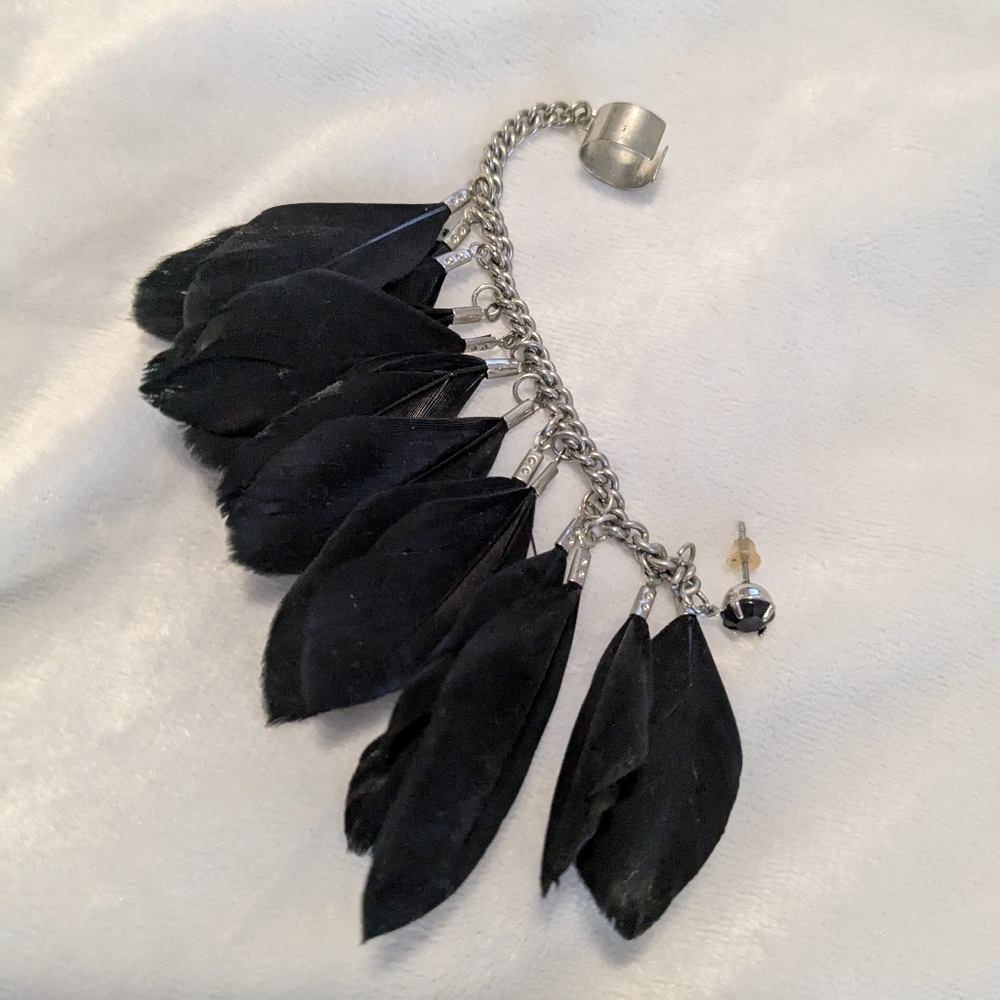 Black Feather Ear Cuff with Silver Chain